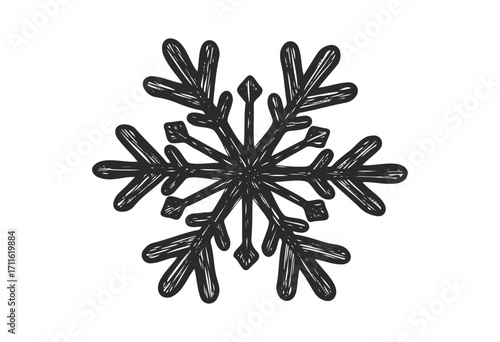 Hand-drawn snowflake illustration: black monochrome symmetrical design - stock vector