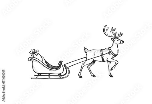 Reindeer pulling santa's sleigh with gifts in classic black and white sketch - stock vector