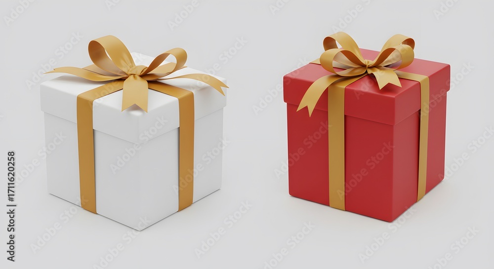 Fototapeta premium Matte Gold Ribbon Charm, White Square Gift, Off-Center Bow Elegance, Subtle Festive Accent, Soft Shadow Presentation