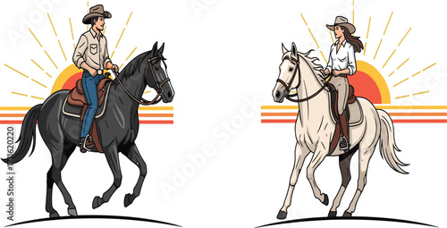 Western cowboy riding horses at sunset, dramatic rural landscape, equestrian motion, vintage style, country adventure, wild west spirit, freedom