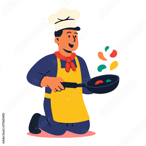 Chef Cooking Stir-Fry – Culinary Character Vector