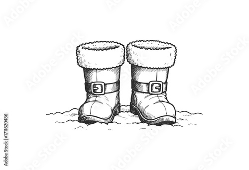 Vintage winter boots with fur lining and buckles on snowy surface - stock vector