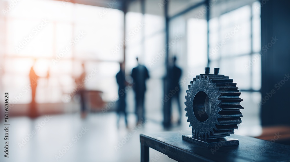 Fototapeta premium A cogwheel on a modern desk symbolizes teamwork in a corporate office with professionals in the background.