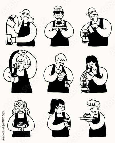 Hand Drawn Cafe Barista Character Coffee Outline Clipart.Coffee Shop Illustration Set