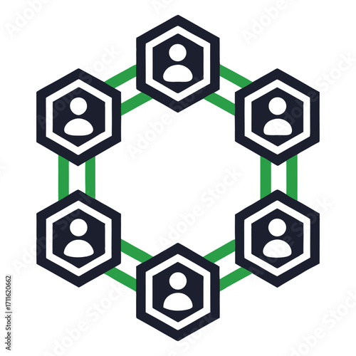 Teamwork and collaboration network icon with people in hexagons connected by green lines stakeholder icon