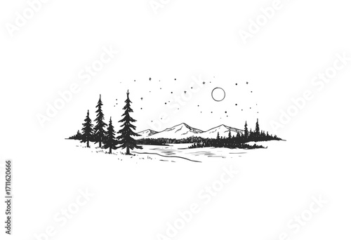 Monochrome mountain landscape with pine trees and night sky - stock vector