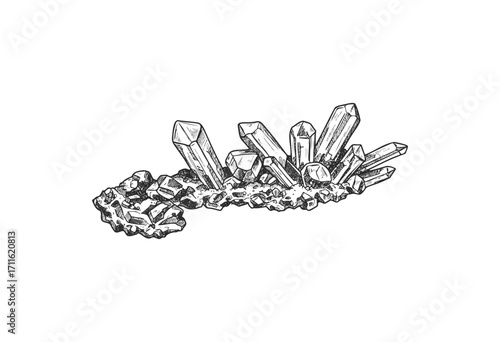 Intricate quartz crystal cluster illustration with detailed mineral texture and shading - stock vector