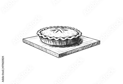Hand-drawn rustic pie sketch on wooden board - stock vector