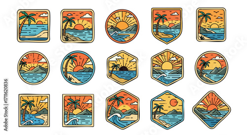 Explore vintage tropical beach scenes with sun and palms in modern badge designs