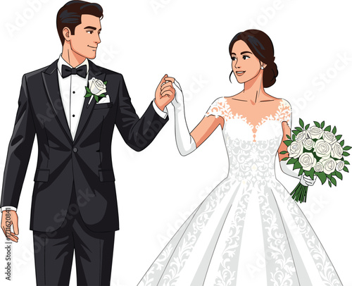 Wedding couple, bride and groom, formal attire, holding hands, romantic moment, white gown, tuxedo, bouquet, celebration, love, ceremony