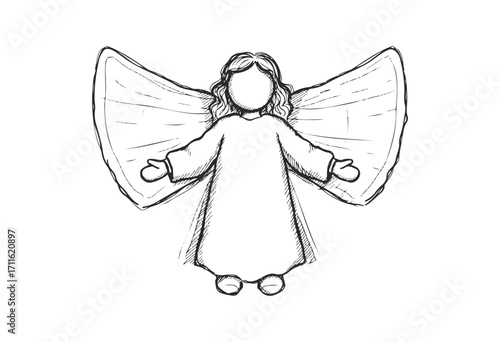 Sketch of angel with open arms and large wings - stock vector