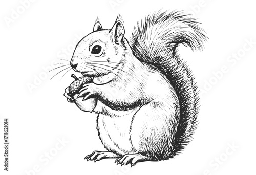 Detailed ink drawing of a squirrel holding an acorn - stock vector
