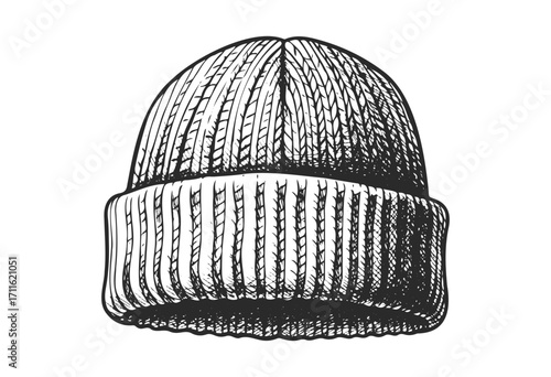 Hand-drawn wool beanie illustration with knitted texture in black and white - stock vector