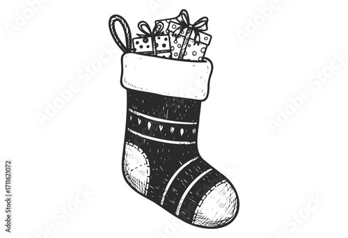 Hand-drawn christmas stocking filled with gift boxes and bows - stock vector
