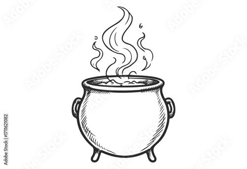 Hand-drawn steaming cauldron illustration with curved handles and simple design - stock vector