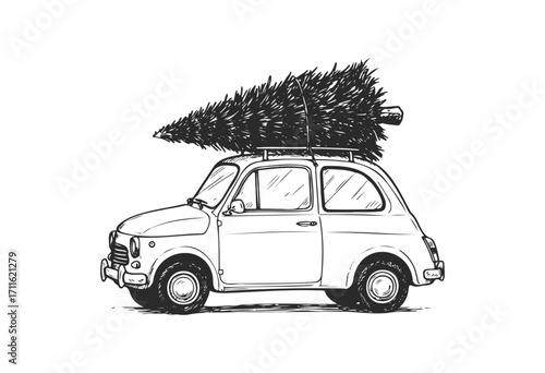 Vintage car with christmas tree on roof: festive holiday sketch - stock vector