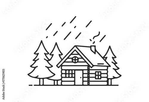 Log cabin in forest with evergreen trees under rainy sky in minimalist line art - stock vector
