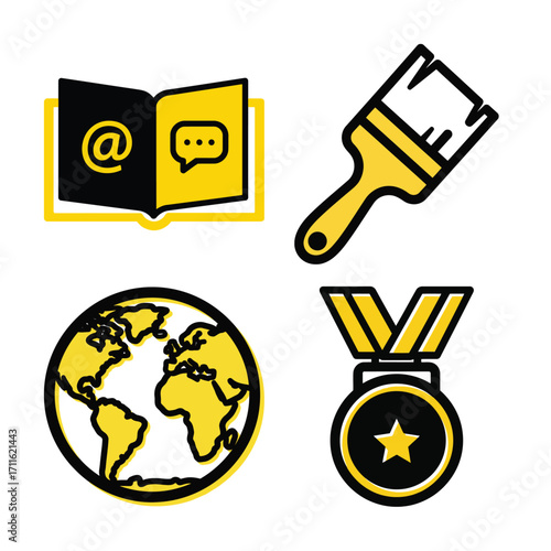 Four yellow and black icons on a white background a notebook, a highlighter, a whiteboard with markers, and a microscope, isolated on white background