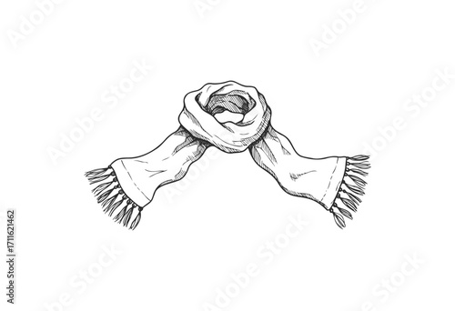Hand-drawn cozy winter scarf with tassels - stock vector
