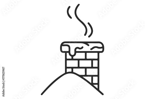 Snow-covered brick chimney with smoke in winter season outline - stock vector