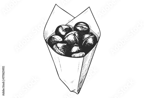 Hand-drawn sketch of roasted chestnuts in a paper cone - stock vector