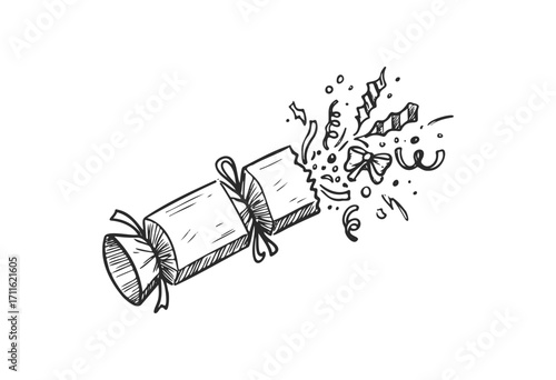 Festive holiday cracker exploding with streamers and confetti in black and white sketch - stock vector