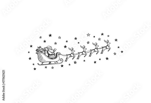Santa in sleigh with reindeer and stars black and white drawing - stock vector