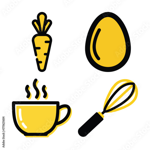 Collection of four flat icons depicting food and cooking items french fries, broccoli, onion, and an oven mitt, isolated on white background