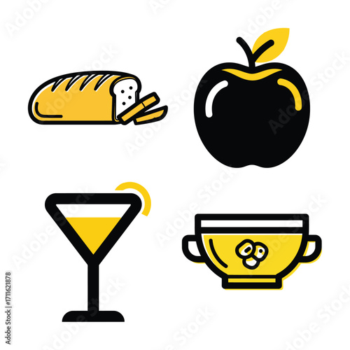 Collection of four yellow and black icons featuring a pourover coffee maker, spoon, orange, and milk carton, isolated on white background