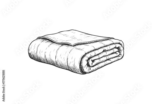 Hand-drawn sketch of folded blanket in black and white - stock vector