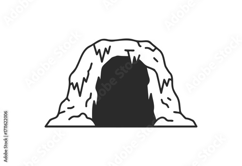 Black and white illustration of a mountain cave with stalactites - stock vector