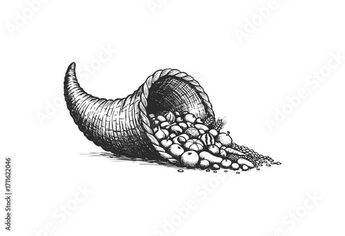 Vintage cornucopia illustration with fruits and vegetables in black and white - stock vector