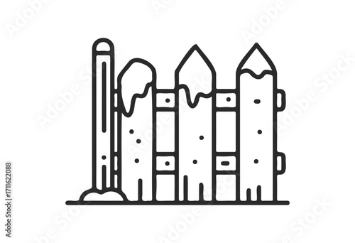 Snow-covered wooden fence icon with icicles - stock vector