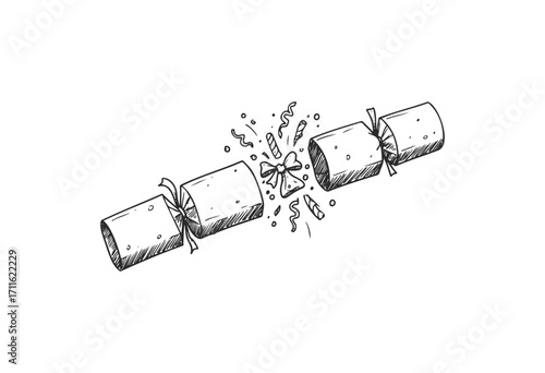 Sketch of a vintage christmas cracker breaking open with confetti and streamers - stock vector