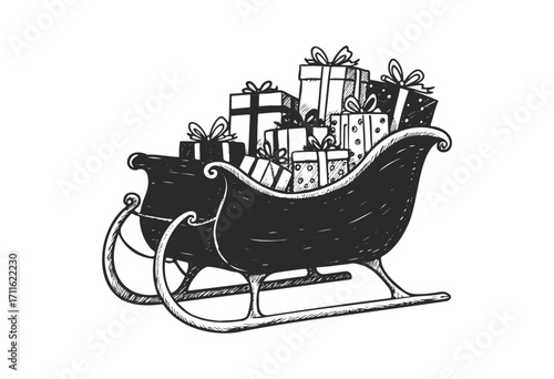 Vintage sleigh loaded with wrapped christmas gifts in black and white illustration - stock vector