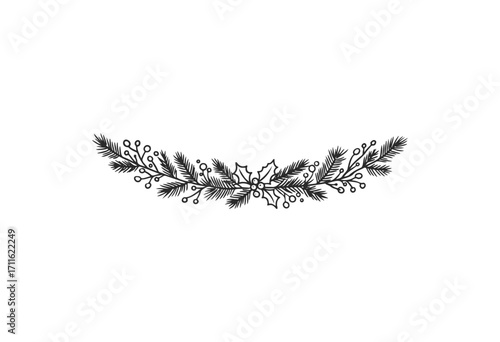 Elegant black and white christmas garland with holly berries and pine branches - stock vector