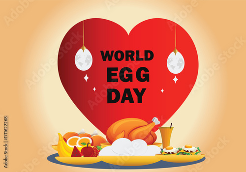 Celebrating world egg day concept Vector. Egg Nutrition, Freshness, and Global Food Appreciation. Egg shape light bulb, tag, vegetables, foods, fruits graphics elements template design.