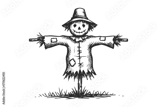 Smiling patchwork scarecrow in tattered hat and shirt on grass - stock vector