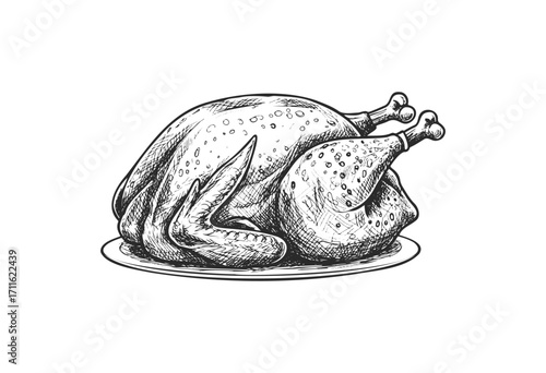 Detailed black and white illustration of a roast turkey on a platter - stock vector
