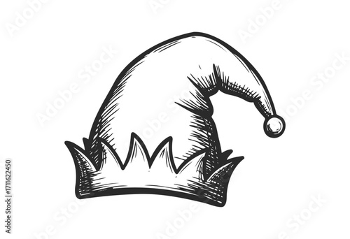 Vintage jester hat illustration with pom-pom and spiked trim - stock vector