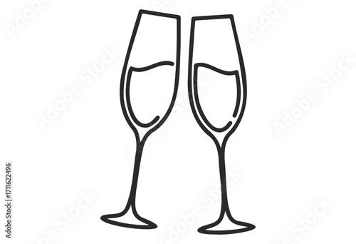 Outline of two champagne glasses clinking for celebration - stock vector