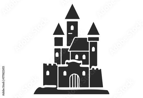 Silhouette of a medieval castle with towers and battlements - stock vector
