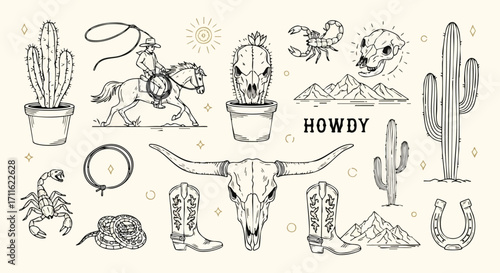 Rustic western theme with cowboy riding horse, skull, cactus, boots, and desert icons