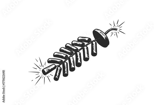 Illustrated vintage firecracker with explosive fuses and sparks - stock vector