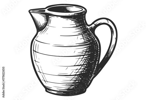 Vintage hand-drawn ceramic pitcher illustration with ornate handle and spout - stock vector