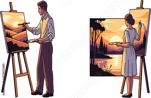 Male and female artist painting, landscape scene, canvas, easel, creative activity, sunset view, nature art, peaceful moment, illustration style