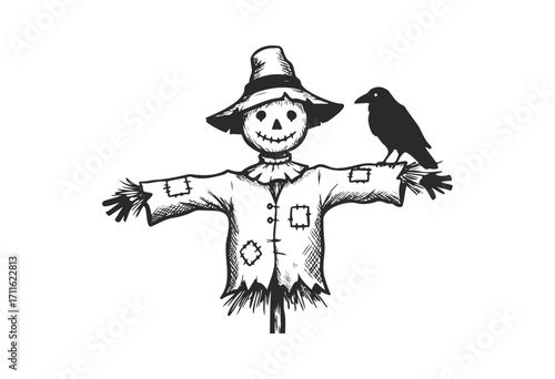 Rustic scarecrow with crow on shoulder in vintage illustration style - stock vector