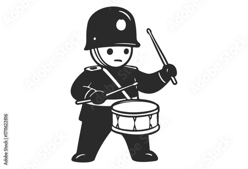 Cartoon drummer soldier in uniform playing drum with drumsticks - stock vector