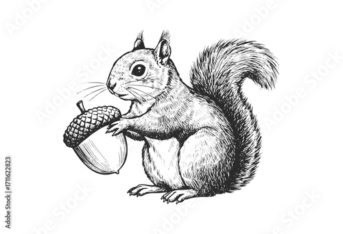Detailed ink drawing of a squirrel holding an acorn - stock vector