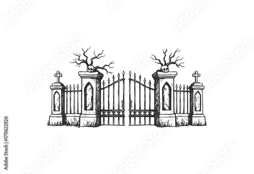 Haunted gothic cemetery gate with spooky skull decorations and bare trees - stock vector